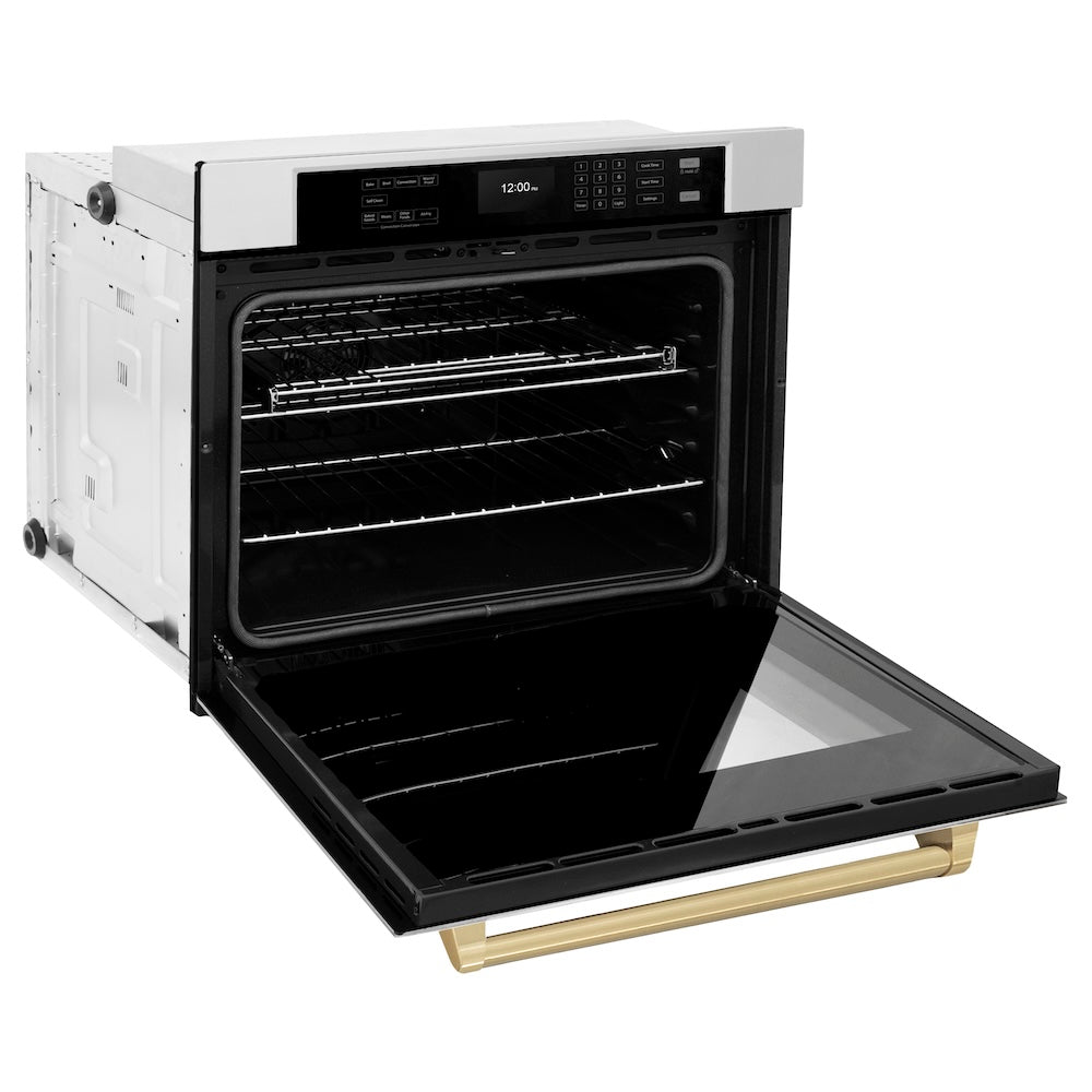 ZLINE Autograph Edition 30 in. Professional True Convection Single Wall Oven with Air Fry and Self Clean in Stainless Steel with Champagne Bronze Handle (WASZ-30-CB) side, open.