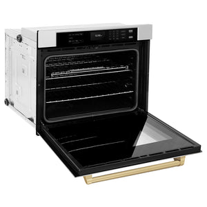 ZLINE Autograph Edition 30 in. Professional True Convection Single Wall Oven with Air Fry and Self Clean in Stainless Steel with Champagne Bronze Handle (WASZ-30-CB) side, open.
