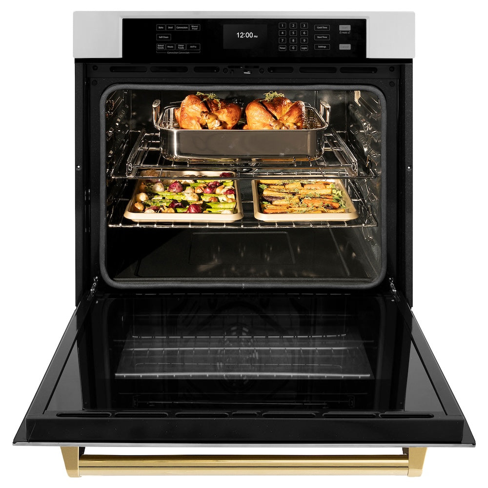 ZLINE Autograph Edition 30 in. Professional True Convection Single Wall Oven with Air Fry and Self Clean in Stainless Steel with Polished Gold Handle (WASZ-30-G) front, open, with food inside.