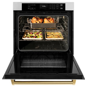 ZLINE Autograph Edition 30 in. Professional True Convection Single Wall Oven with Air Fry and Self Clean in Stainless Steel with Polished Gold Handle (WASZ-30-G) front, open.