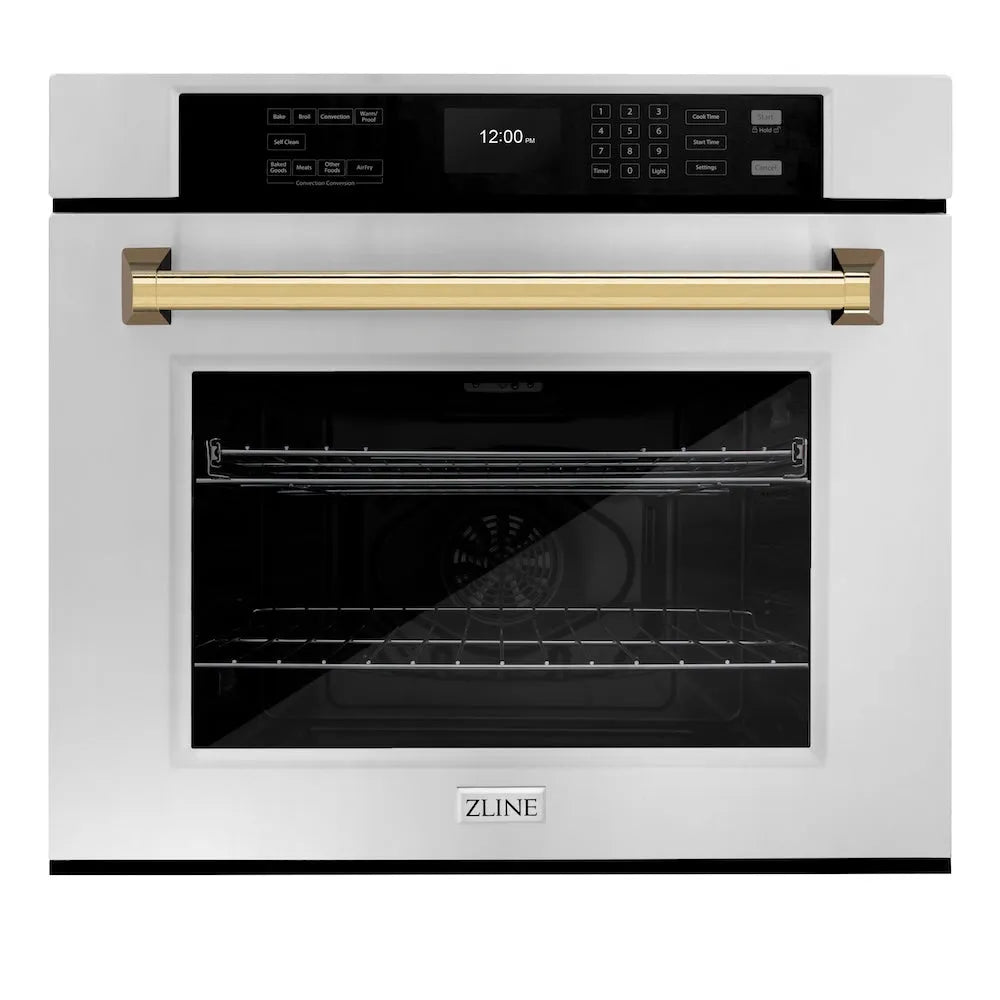 ZLINE Autograph Edition 30 in. Professional True Convection Single Wall Oven with Air Fry and Self Clean in Stainless Steel with Polished Gold Handle (WASZ-30-G) main image.