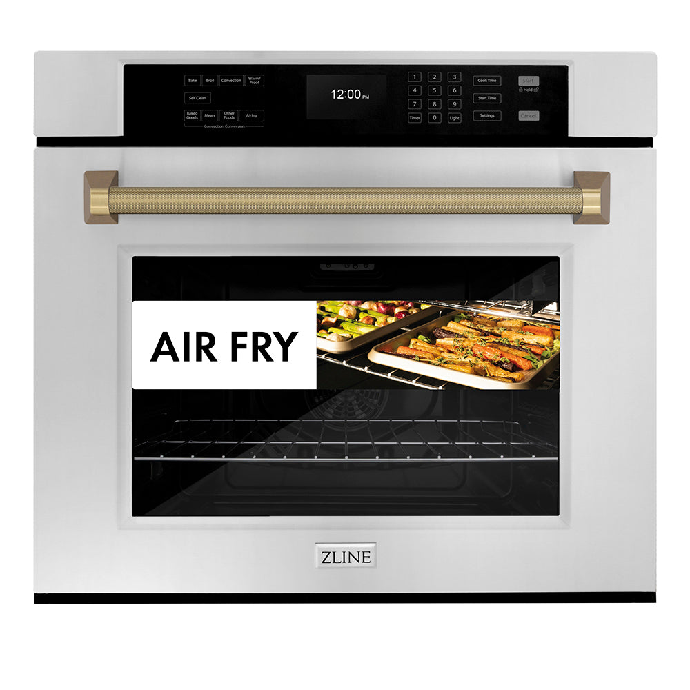 ZLINE Autograph Edition 30 in. Professional True Convection Single Wall Oven with Air Fry and Self Clean in Stainless Steel with Champagne Bronze Helix Handle (WASZ-30-KCB) front, showing air fry capability.