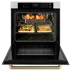 ZLINE Autograph Edition 30 in. Professional True Convection Single Wall Oven with Air Fry and Self Clean in Stainless Steel with Champagne Bronze Helix Handle (WASZ-30-KCB) front, open.