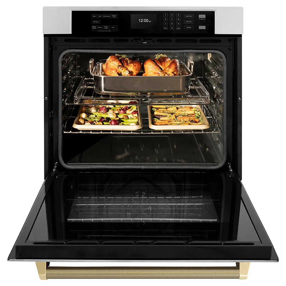 ZLINE Autograph Edition 30 in. Professional True Convection Single Wall Oven with Air Fry and Self Clean in Stainless Steel with Champagne Bronze Helix Handle (WASZ-30-KCB) front, open.