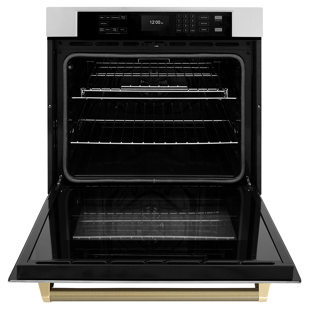ZLINE Autograph Edition 30 in. Professional True Convection Single Wall Oven with Air Fry and Self Clean in Stainless Steel with Champagne Bronze Helix Handle (WASZ-30-KCB) front, open.