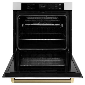 ZLINE Autograph Edition 30 in. Professional True Convection Single Wall Oven with Air Fry and Self Clean in Stainless Steel with Champagne Bronze Helix Handle (WASZ-30-KCB) front, open.