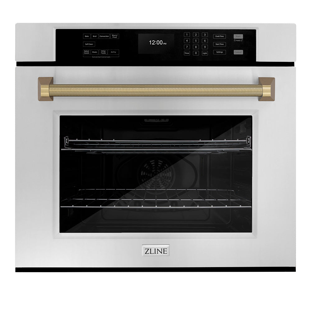 ZLINE Autograph Edition 30 in. Professional True Convection Single Wall Oven with Air Fry and Self Clean in Stainless Steel with Champagne Bronze Helix Handle (WASZ-30-KCB)