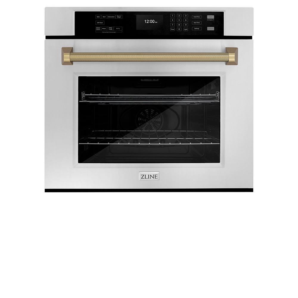 ZLINE Autograph Edition 30 in. Professional True Convection Single Wall Oven with Air Fry and Self Clean in Stainless Steel with Champagne Bronze Helix Handle (WASZ-30-KCB)
