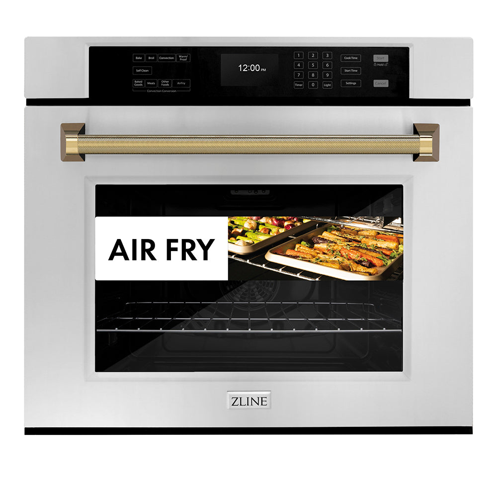 ZLINE Autograph Edition 30 in. Professional True Convection Single Wall Oven with Air Fry and Self Clean in Stainless Steel with Polished Gold Helix Handle (WASZ-30-KG) front, showing air fry capability.