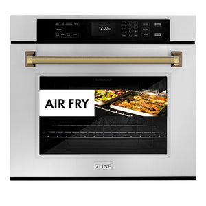 ZLINE Autograph Edition 30 in. Professional True Convection Single Wall Oven with Air Fry and Self Clean in Stainless Steel with Polished Gold Helix Handle (WASZ-30-KG) front, showing air fry capability.