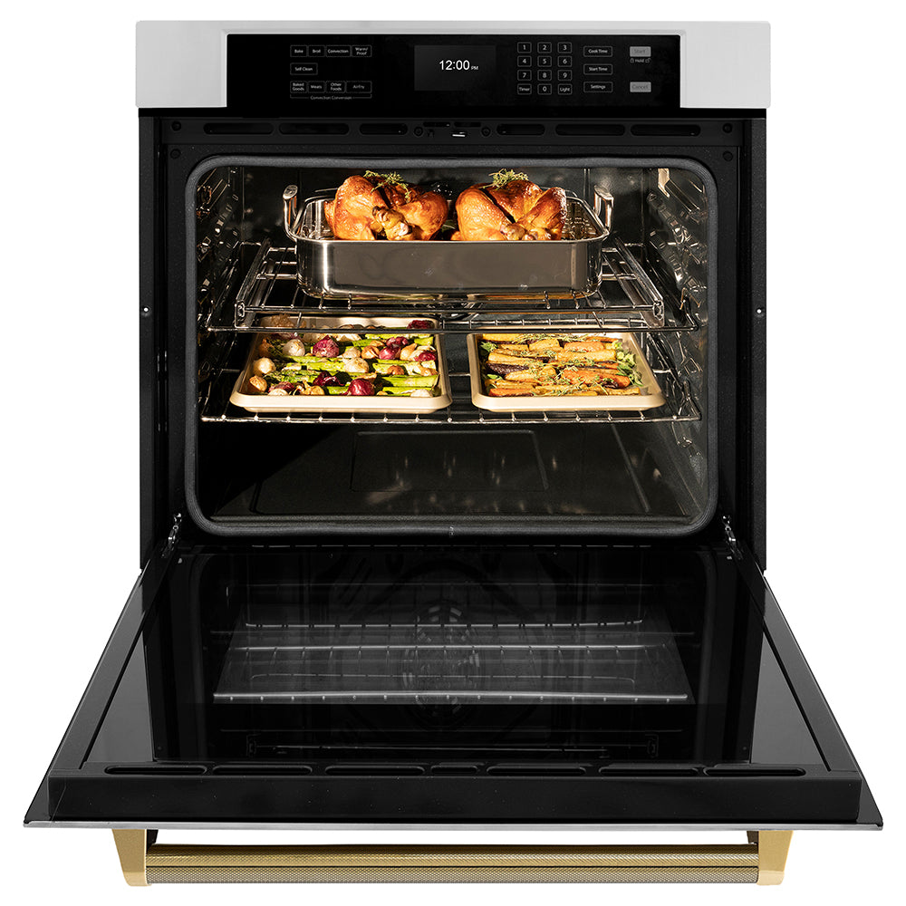 ZLINE Autograph Edition 30 in. Professional True Convection Single Wall Oven with Air Fry and Self Clean in Stainless Steel with Polished Gold Helix Handle (WASZ-30-KG) front, open.