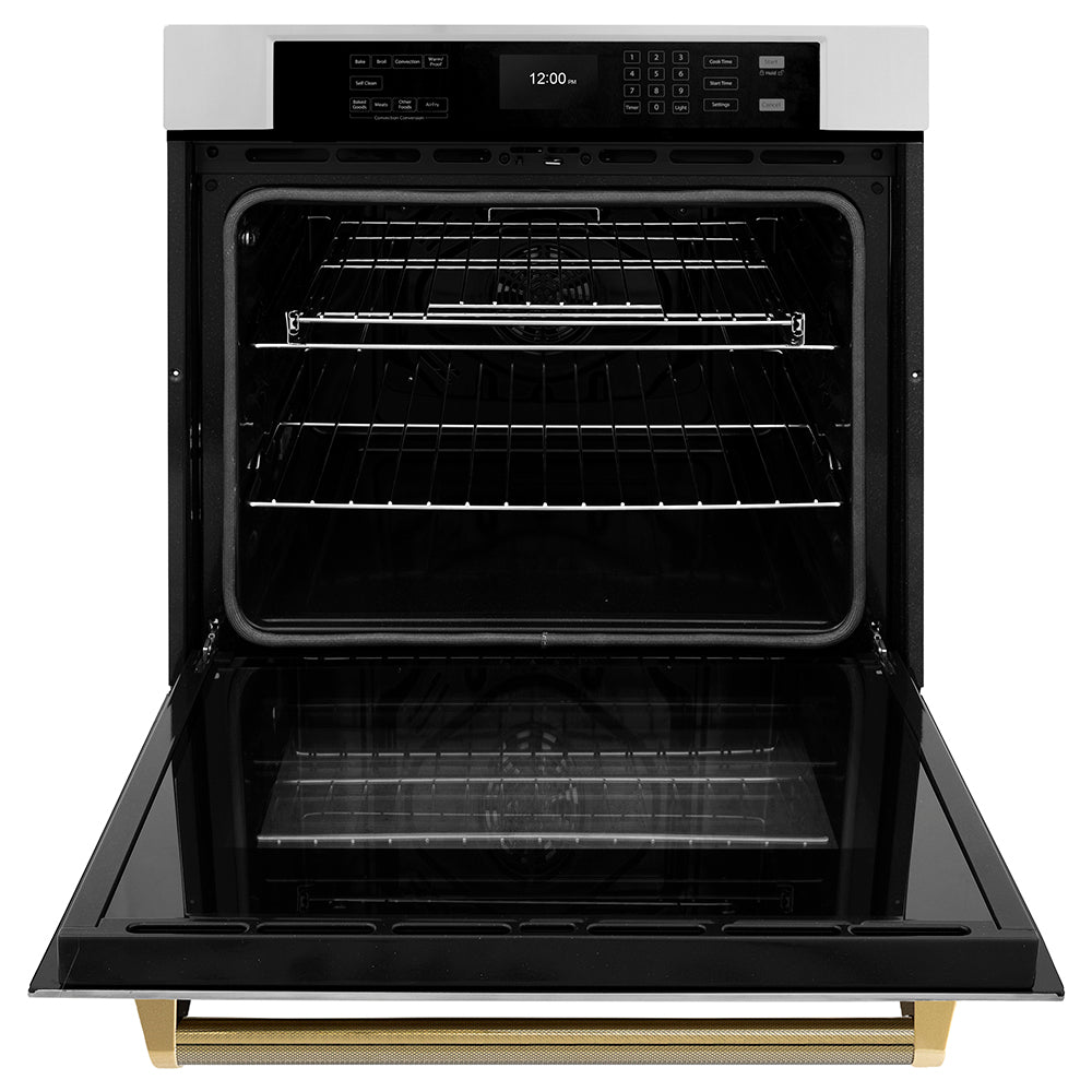ZLINE Autograph Edition 30 in. Professional True Convection Single Wall Oven with Air Fry and Self Clean in Stainless Steel with Polished Gold Helix Handle (WASZ-30-KG) front, open.