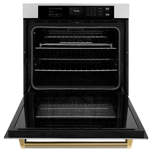ZLINE Autograph Edition 30 in. Professional True Convection Single Wall Oven with Air Fry and Self Clean in Stainless Steel with Polished Gold Helix Handle (WASZ-30-KG) front, open.