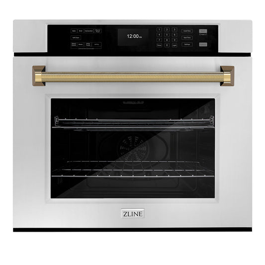 ZLINE Autograph Edition 30 in. Professional True Convection Single Wall Oven with Air Fry and Self Clean in Stainless Steel with Polished Gold Helix Handle (WASZ-30-KG)