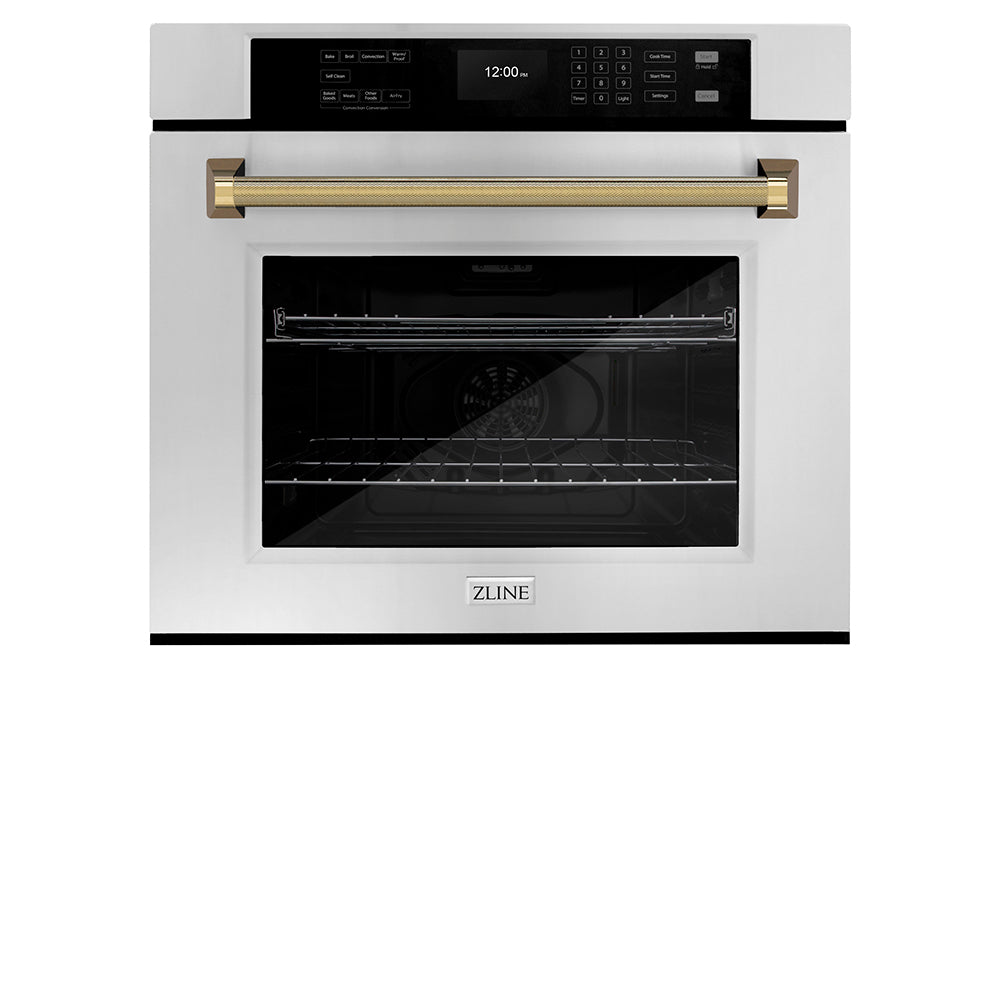 ZLINE Autograph Edition 30 in. Professional True Convection Single Wall Oven with Air Fry and Self Clean in Stainless Steel with Polished Gold Helix Handle (WASZ-30-KG)