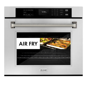 ZLINE Autograph Edition 30 in. Professional True Convection Single Wall Oven with Air Fry and Self Clean in Stainless Steel with Polished Nickel Helix Handle (WASZ-30-KPN) front, showing air fry capability.