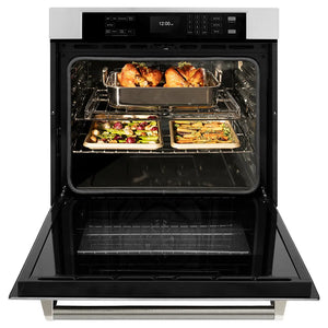 ZLINE Autograph Edition 30 in. Professional True Convection Single Wall Oven with Air Fry and Self Clean in Stainless Steel with Polished Nickel Helix Handle (WASZ-30-KPN) front, open.