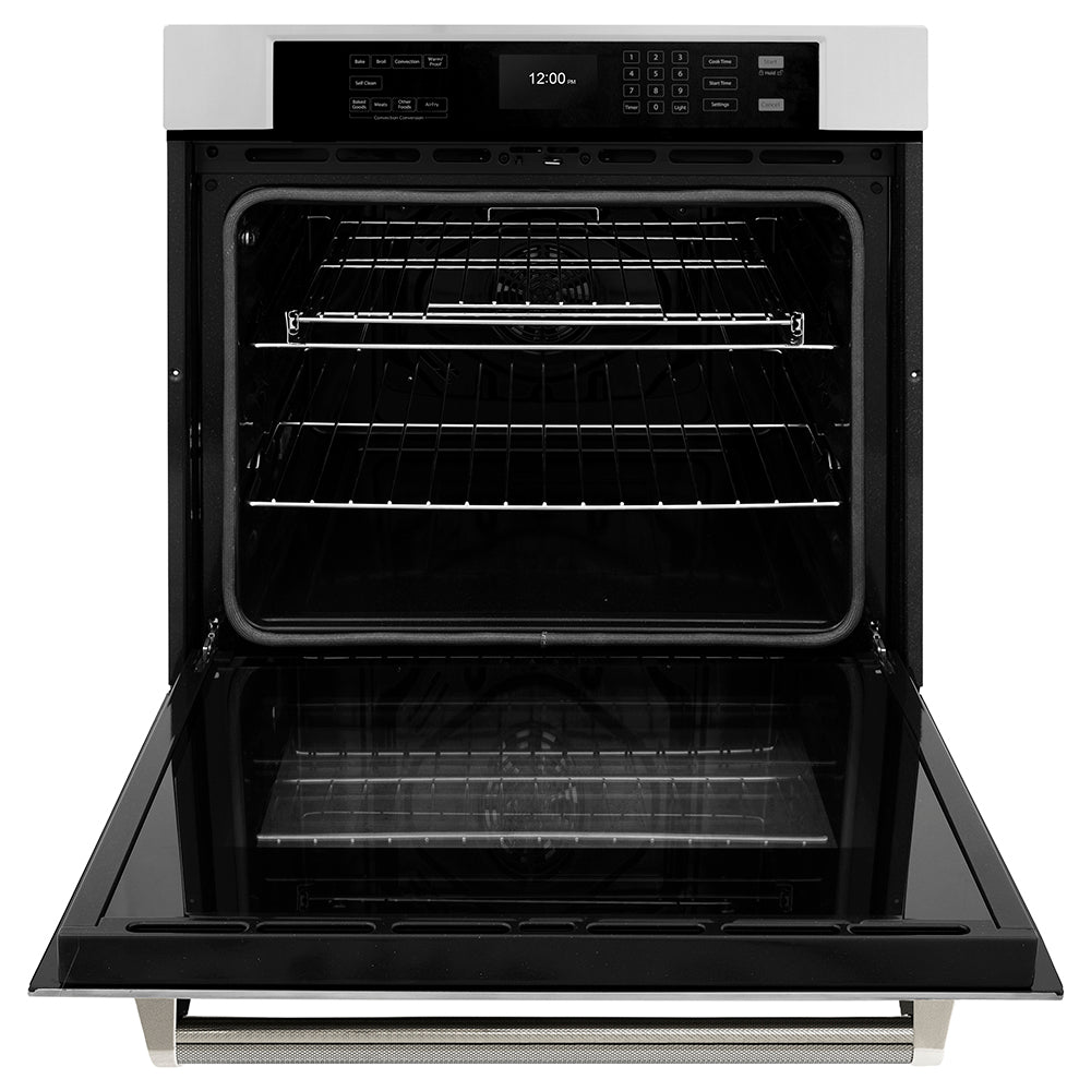 ZLINE Autograph Edition 30 in. Professional True Convection Single Wall Oven with Air Fry and Self Clean in Stainless Steel with Polished Nickel Helix Handle (WASZ-30-KPN) front, open.