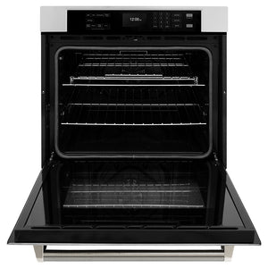 ZLINE Autograph Edition 30 in. Professional True Convection Single Wall Oven with Air Fry and Self Clean in Stainless Steel with Polished Nickel Helix Handle (WASZ-30-KPN) front, open.