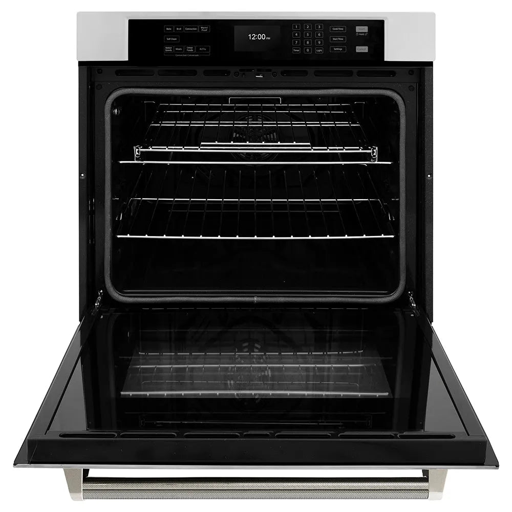 ZLINE Autograph Edition 30 in. Professional True Convection Single Wall Oven with Air Fry and Self Clean in Stainless Steel with Polished Nickel Helix Handle (WASZ-30-KPN) front, open.