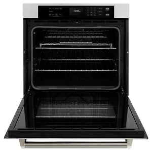 ZLINE Autograph Edition 30 in. Professional True Convection Single Wall Oven with Air Fry and Self Clean in Stainless Steel with Polished Nickel Helix Handle (WASZ-30-KPN) front, open.