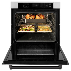 ZLINE Autograph Edition 30 in. Professional True Convection Single Wall Oven with Air Fry and Self Clean in Stainless Steel with Matte Black Handle (WASZ-30-MB) front, open.