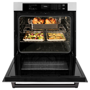 ZLINE Autograph Edition 30 in. Professional True Convection Single Wall Oven with Air Fry and Self Clean in Stainless Steel with Matte Black Handle (WASZ-30-MB) front, open, with food inside.