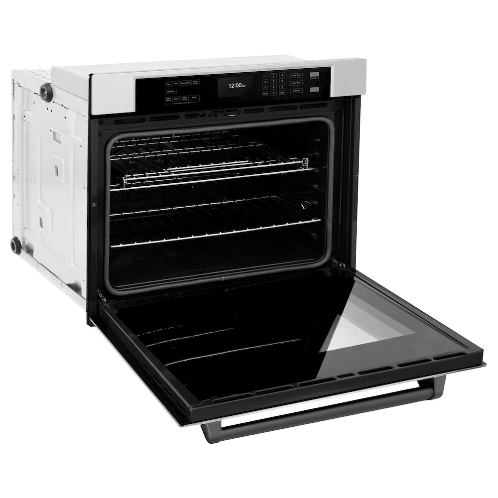 ZLINE Autograph Edition 30 in. Professional True Convection Single Wall Oven with Air Fry and Self Clean in Stainless Steel with Matte Black Handle (WASZ-30-MB) side, open.