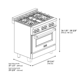 ZLINE Autograph Edition 30 in. 4.0 cu. ft. Legacy Dual Fuel Range with 4 Burner Gas Cooktop and Electric Convection Oven in Stainless Steel with White Matte Door and Champagne Bronze Accents (RAZ-WM-30-CB) dimensional diagram.