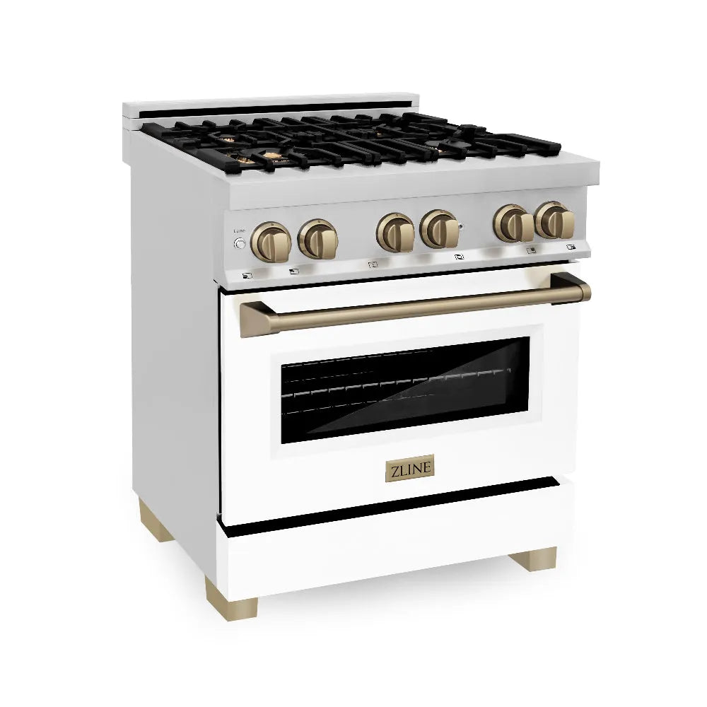 ZLINE Autograph Edition 30 in. 4.0 cu. ft. Legacy Dual Fuel Range with 4 Burner Gas Cooktop and Electric Convection Oven in Stainless Steel with White Matte Door and Champagne Bronze Accents (RAZ-WM-30-CB) main image.