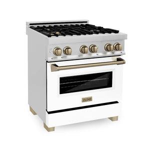 ZLINE Autograph Edition 30 in. 4.0 cu. ft. Legacy Dual Fuel Range with 4 Burner Gas Cooktop and Electric Convection Oven in Stainless Steel with White Matte Door and Champagne Bronze Accents (RAZ-WM-30-CB) main image.