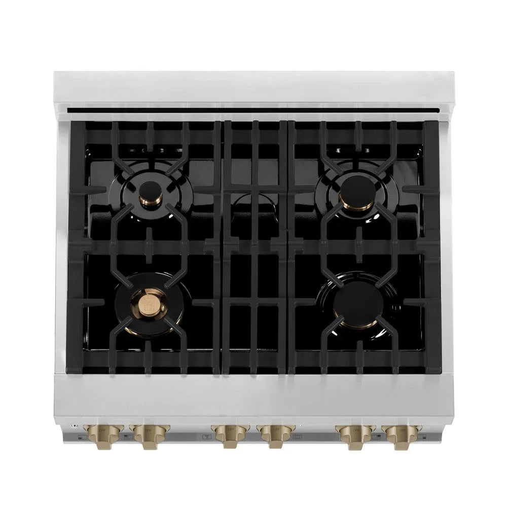 ZLINE Autograph Edition 30 in. 4.0 cu. ft. Legacy Dual Fuel Range with 4 Burner Gas Cooktop and Electric Convection Oven in Stainless Steel with White Matte Door and Champagne Bronze Accents (RAZ-WM-30-CB) top-down, above cooktop.