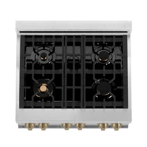 ZLINE Autograph Edition 30 in. 4.0 cu. ft. Legacy Dual Fuel Range with 4 Burner Gas Cooktop and Electric Convection Oven in Stainless Steel with White Matte Door and Champagne Bronze Accents (RAZ-WM-30-CB) top-down, above cooktop.