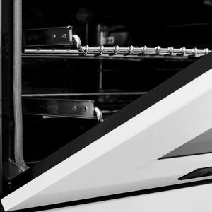ZLINE Autograph Edition 48 in. 6.0 cu. ft. Legacy Dual Fuel Range with 7 Burner Gas Cooktop and 2 Electric Ovens in Stainless Steel with White Matte Doors and Matte Black Accents (RAZ-WM-48-MB) oven door detail.