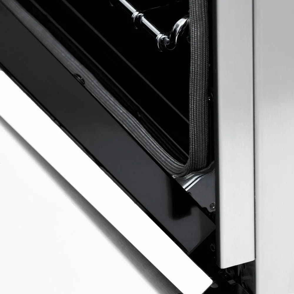 ZLINE Autograph Edition 48 in. 6.0 cu. ft. Legacy Dual Fuel Range with 7 Burner Gas Cooktop and 2 Electric Ovens in Stainless Steel with White Matte Doors and Matte Black Accents (RAZ-WM-48-MB) StayPut oven door hinge.