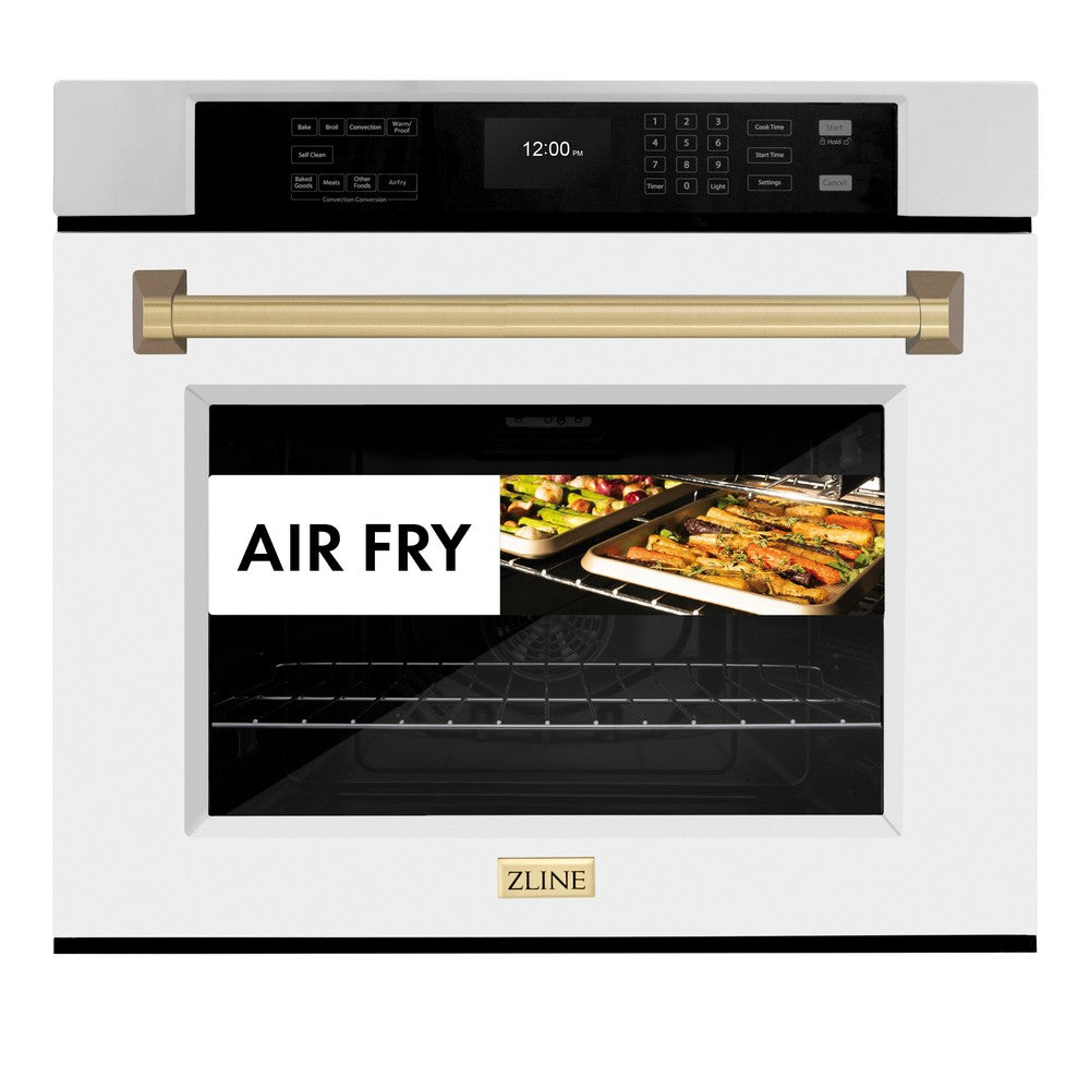 ZLINE Autograph Edition 30 in. Professional True Convection Single Wall Oven with Air Fry and Self Clean in Stainless Steel with White Matte Door and Champagne Bronze Handle (WASZ-WM-30-CB) front, closed, with food cooking by air fry.