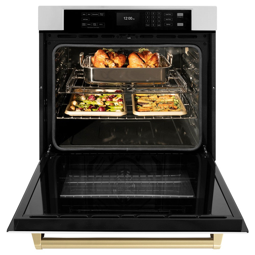 ZLINE Autograph Edition 30 in. Professional True Convection Single Wall Oven with Air Fry and Self Clean in Stainless Steel with White Matte Door and Champagne Bronze Handle (WASZ-WM-30-CB) front, open.