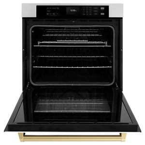ZLINE Autograph Edition 30 in. Professional True Convection Single Wall Oven with Air Fry and Self Clean in Stainless Steel with White Matte Door and Champagne Bronze Handle (WASZ-WM-30-CB) front, open.