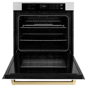 ZLINE Autograph Edition 30 in. Professional True Convection Single Wall Oven with Air Fry and Self Clean in Stainless Steel with White Matte Door and Champagne Bronze Handle (WASZ-WM-30-CB) front, open.