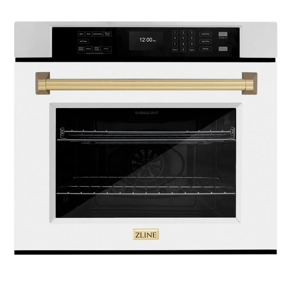 ZLINE Autograph Edition 30 in. Professional True Convection Single Wall Oven with Air Fry and Self Clean in Stainless Steel with White Matte Door and Champagne Bronze Handle (WASZ-WM-30-CB) main image.