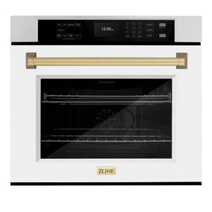 ZLINE Autograph Edition 30 in. Professional True Convection Single Wall Oven with Air Fry and Self Clean in Stainless Steel with White Matte Door and Champagne Bronze Handle (WASZ-WM-30-CB) main image.