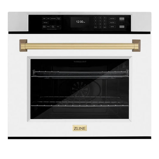 ZLINE Autograph Edition 30 in. Professional True Convection Single Wall Oven with Air Fry and Self Clean in Stainless Steel with White Matte Door and Champagne Bronze Handle (WASZ-WM-30-CB) main image.