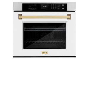 ZLINE Autograph Edition 30 in. Professional True Convection Single Wall Oven with Air Fry and Self Clean in Stainless Steel with White Matte Door and Champagne Bronze Handle (WASZ-WM-30-CB) front, closed.