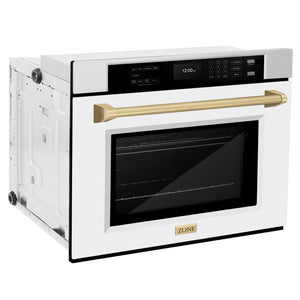 ZLINE Autograph Edition 30 in. Professional True Convection Single Wall Oven with Air Fry and Self Clean in Stainless Steel with White Matte Door and Champagne Bronze Handle (WASZ-WM-30-CB) side.