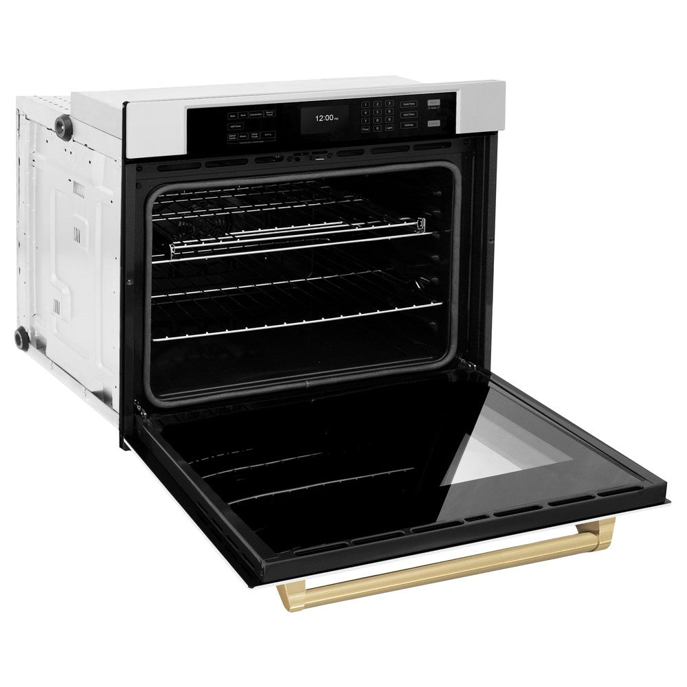 ZLINE Autograph Edition 30 in. Professional True Convection Single Wall Oven with Air Fry and Self Clean in Stainless Steel with White Matte Door and Champagne Bronze Handle (WASZ-WM-30-CB) side, open.