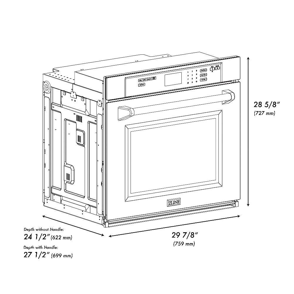 ZLINE Autograph Edition 30 in. Professional True Convection Single Wall Oven with Air Fry and Self Clean in Stainless Steel with White Matte Door and Polished Gold Handle (WASZ-WM-30-G) dimensional diagram.