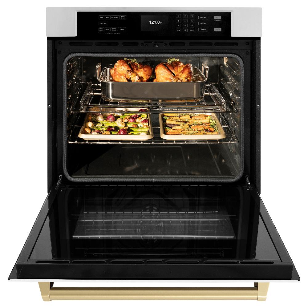 ZLINE Autograph Edition 30 in. Professional True Convection Single Wall Oven with Air Fry and Self Clean in Stainless Steel with White Matte Door and Polished Gold Handle (WASZ-WM-30-G) front, open.