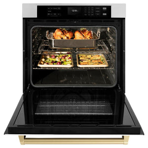 ZLINE Autograph Edition 30 in. Professional True Convection Single Wall Oven with Air Fry and Self Clean in Stainless Steel with White Matte Door and Polished Gold Handle (WASZ-WM-30-G) front, open.