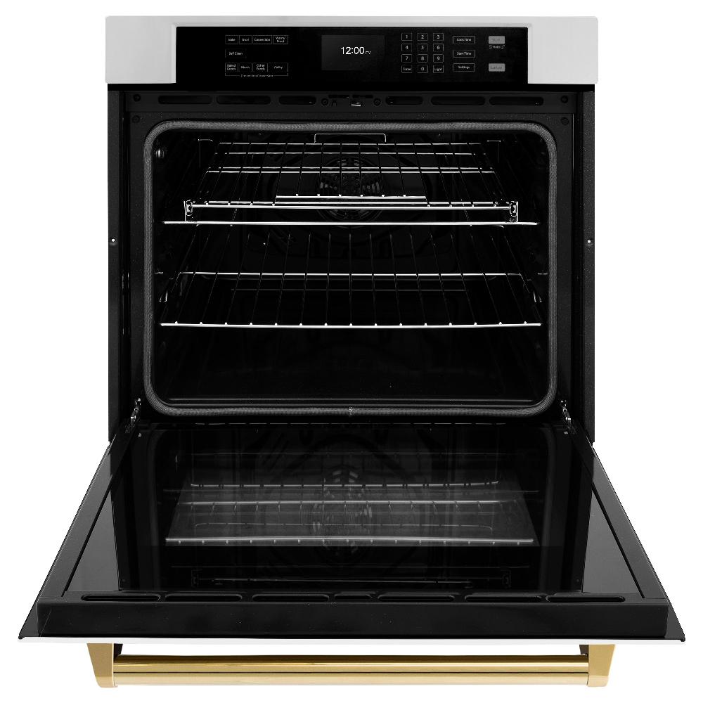 ZLINE Autograph Edition 30 in. Professional True Convection Single Wall Oven with Air Fry and Self Clean in Stainless Steel with White Matte Door and Polished Gold Handle (WASZ-WM-30-G) front, open.