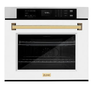 ZLINE Autograph Edition 30 in. Professional True Convection Single Wall Oven with Air Fry and Self Clean in Stainless Steel with White Matte Door and Polished Gold Handle (WASZ-WM-30-G) main image.